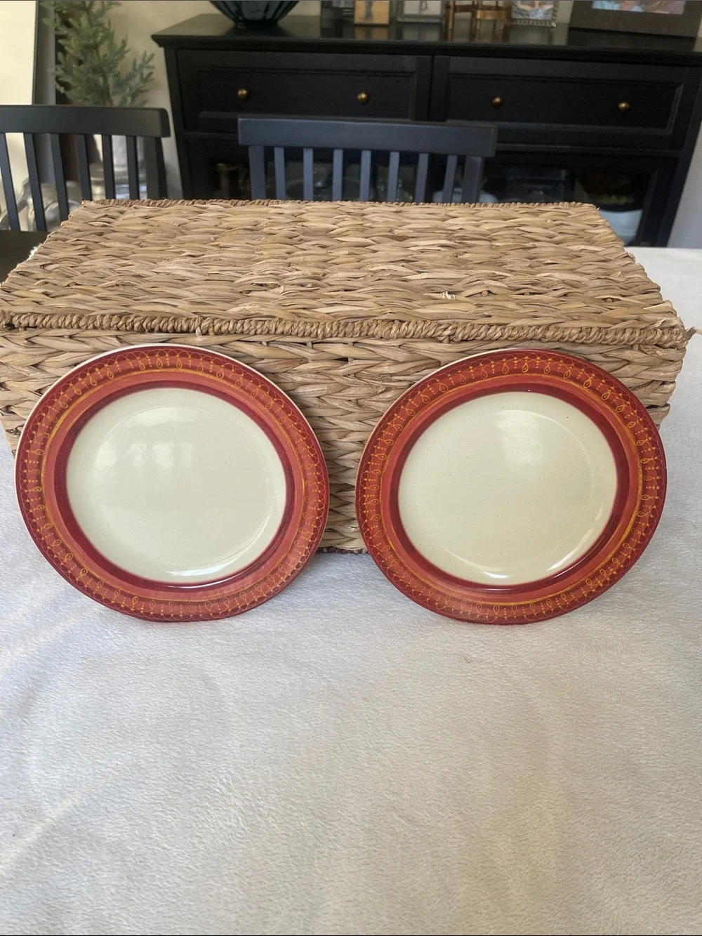 Pier 1  Lugano Set of 2 Salad 8” Dessert Plates Fall Orange Red Tan Edge